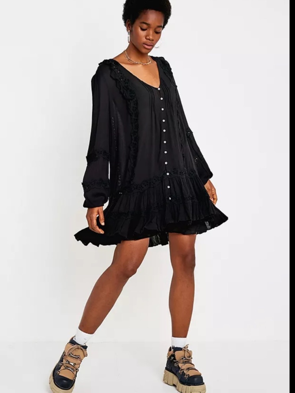 Free People Snow Angel Black Bohemian Button Front Mini Dress